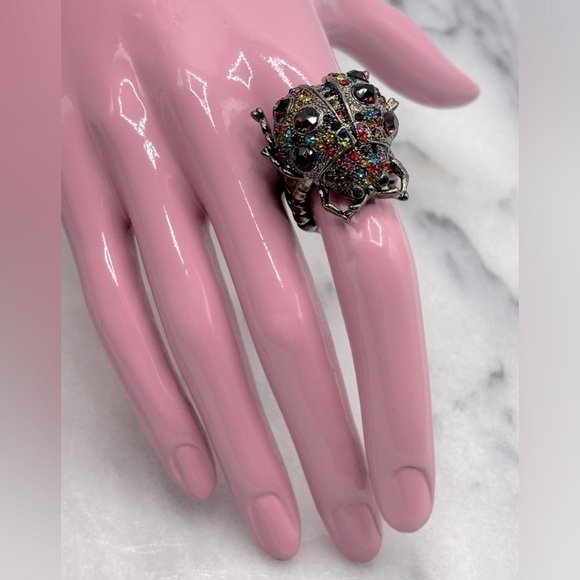 Gunmetal, Silver tone & Multi Crystal Chunky Ladybug Insect Stretch Band Ring - Picture 3 of 7
